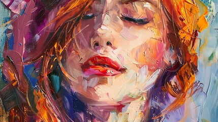 Wall Mural - A vibrant oil painting of a woman's face, showcasing expressive colors and brush strokes.