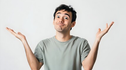 Poster - Photograph of a person shrugging with both hands raised isolated on a plain background  The image conveys a sense of confusion uncertainty