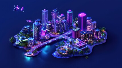 Poster - Futuristic City Island with Neon Lights and Flying Cars