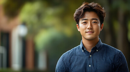 Canvas Print - Portrait of a smiling young man in a blue plaid shirt.