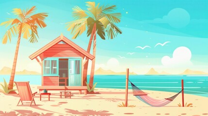 Poster - Tropical Beach House with Hammock and Chairs on the Beach Relaxing Vacation Getaway Escape by the Sea