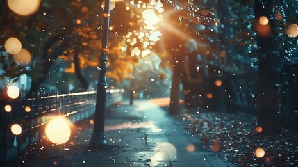 Poster - A serene walkway illuminated by sunlight, with soft bokeh effects and autumn leaves scattered on the ground.