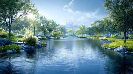 Canvas Print - Serene lake surrounded by lush greenery and city buildings in the background.