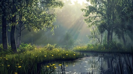 Poster - A serene forest scene with sunlight filtering through trees, reflecting on a calm pond surrounded by wildflowers.