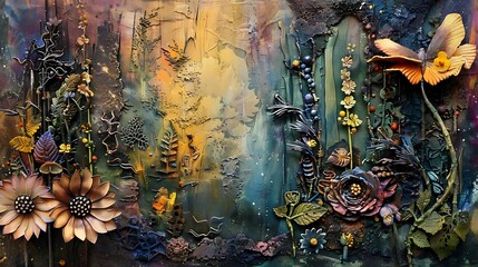 Wall Mural - A textured artwork featuring vibrant flowers and abstract foliage, evoking a sense of nature and creativity.