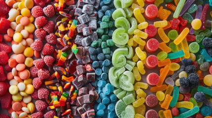 A delectable array of vibrant candies, featuring an assortment of playful and eye-catching hues.