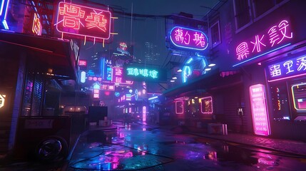 Sticker - A vibrant neon-lit street scene showcasing urban nightlife with colorful signs and reflections on wet pavement.