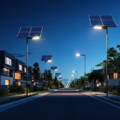 Wall Mural - A neighborhood with clean energy streetlights powered by solar panels highlighting sustainable urban infrastructure