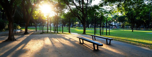 A park with exercise equipment representing the integration of health and wellness into urban habitats