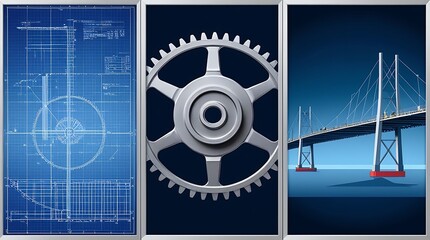 Technical drawing of gear and cranes constructing a bridge. Suitable for engineering presentations, construction company websites, and industrial designs.