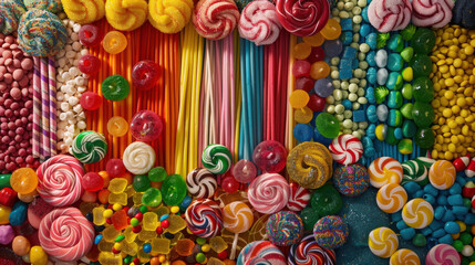 A deliciously colorful display of various candies, featuring a range of bold and vibrant colors.