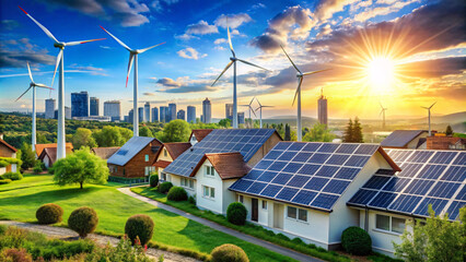 A conceptual image linking renewable energy icons with solar panels and wind turbines, set against a green landscape, symbolizing a sustainable future