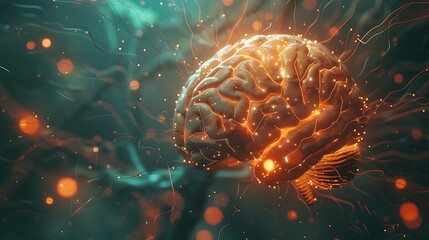 Poster - Glowing human brain, possibly a neural network, with sparks and lines representing connections. Abstract concept, 3d rendered artwork.