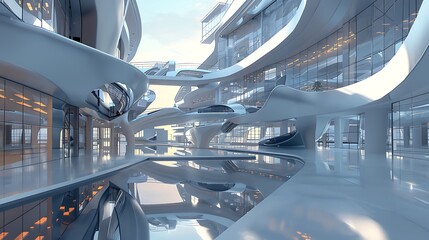 Wall Mural - Glimpse into the future of architecture, showcasing a modern building with flowing lines and reflective surfaces, creating a sense of awe and wonder.