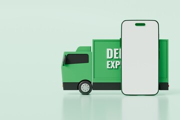 Poster - 3D Green Truck delivery car with mobile phone empty screen icon on isolated green background. Online shopping or E-commerce concept. Minimal cartoon truck logistic car. banner, copy space. 3d render.