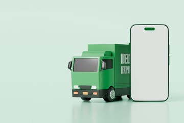 Poster - 3D Green Truck delivery car with mobile phone empty screen icon on isolated green background. Online shopping or E-commerce concept. Minimal cartoon truck logistic car. banner, copy space. 3d render.