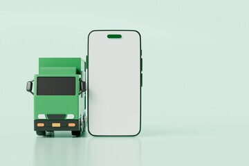 Poster - 3D Green Truck delivery car with mobile phone empty screen icon on isolated green background. Online shopping or E-commerce concept. Minimal cartoon truck logistic car. banner, copy space. 3d render.