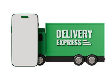 Poster - 3D Green Truck delivery car with mobile phone empty screen icon on isolated green background. Online shopping or E-commerce concept. Minimal cartoon truck logistic car. banner, copy space. 3d render.