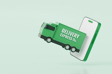 Wall Mural - 3D Green Truck delivery car with mobile phone empty screen icon on isolated green background. Online shopping or E-commerce concept. Minimal cartoon truck logistic car. banner, copy space. 3d render.