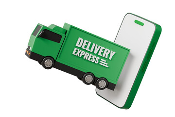 Poster - 3D Green Truck delivery car with mobile phone empty screen icon on isolated green background. Online shopping or E-commerce concept. Minimal cartoon truck logistic car. banner, copy space. 3d render.