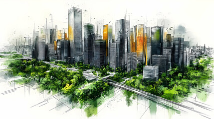 Poster - Watercolor painting of a city skyline with green trees and buildings.