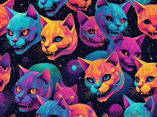 abstract haolographic skulls of magical bright neon horror cats halloween