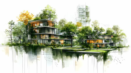 Poster - Watercolor painting of modern architecture with lush greenery and trees.