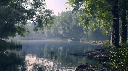 Sticker - A serene lakeside scene with lush greenery and calm water, evoking tranquility and natural beauty.