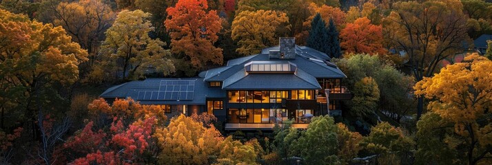 Sticker - Aerial perspective of a solar-powered residence enveloped by trees displaying autumn colors during the evening.