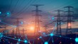 © improvee design - Silhouette of power lines against a sunset sky, with glowing dots depicting the flow of electricity. The image represents the power infrastructure and the interconnectedness of the electrical grid.