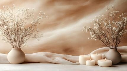 Sticker - White candles and dried flowers in vases on a beige background.