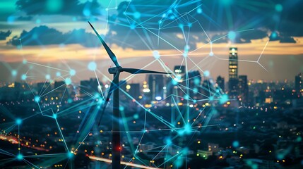 Poster - wind turbine stands tall against backdrop of a city skyline at dusk with network of glowing lines co