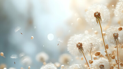 Wall Mural - White dandelions with seeds floating on a soft, light background.