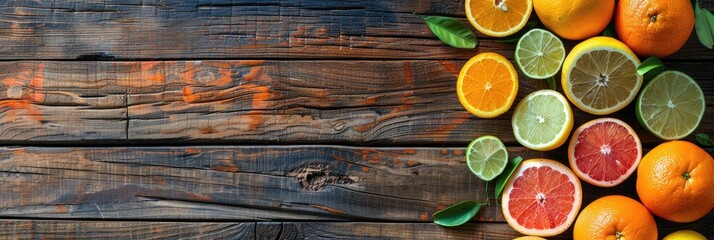 Canvas Print - Sliced and whole citrus fruits arranged on a wooden table from above