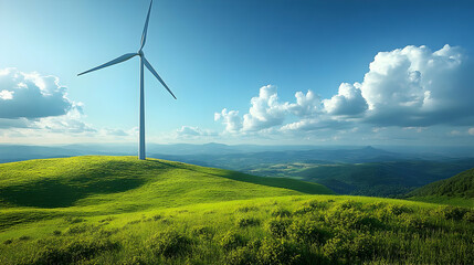 Wall Mural - Wind turbine on a hilltop with green grass and blue sky.