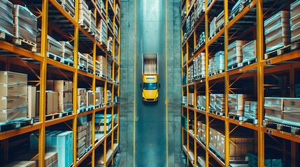 Poster - Yellow truck driving through a warehouse with many shelves stocked with boxes. This image captures the inner workings of a busy logistics operation.