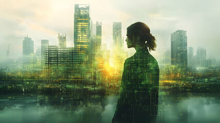 Canvas Print - Woman silhouette in a futuristic city with digital overlay.