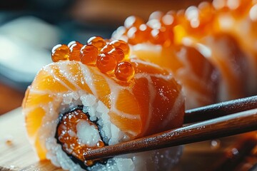 Sushi with chopsticks. Sushi roll japanese food in restaurant. California Sushi roll set with salmon, vegetables, flying fish roe and caviar closeup. Japan restaurant menu. Generative ai