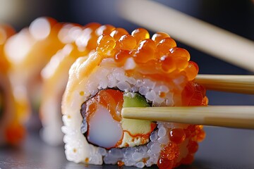 Sushi with chopsticks. Sushi roll japanese food in restaurant. California Sushi roll set with salmon, vegetables, flying fish roe and caviar closeup. Japan restaurant menu. Generative ai