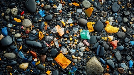 A pile of rocks and broken glass with a blue and yellow rock in the middle