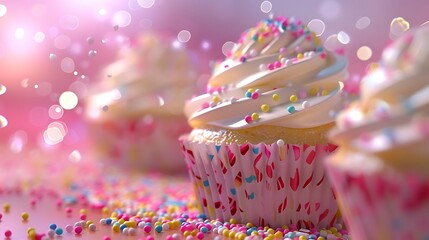 A close-up of colorful cupcakes with frosting and sprinkles, creating a festive and inviting atmosphere.