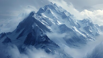 Sticker - A majestic mountain landscape shrouded in clouds, showcasing snow-capped peaks and a serene atmosphere.