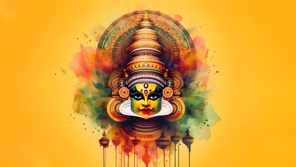 Abstract illustration of Kerala traditional art form  kathakali in yellow background, abstract wallpaper background