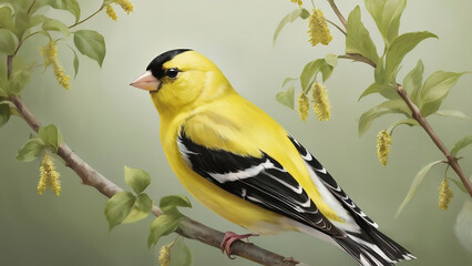 American goldfinch perched on a branch painting illustration