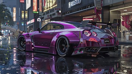 Canvas Print - A vibrant, modified sports car parked in a neon-lit urban setting, reflecting rain on the pavement.