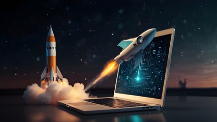 Wall Mural - Close up of laptop keyboard launching rocket 