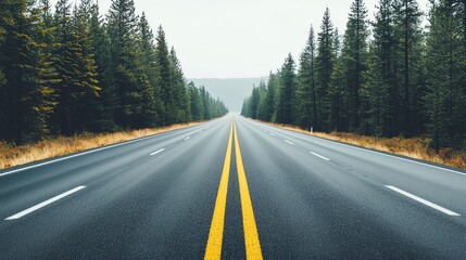 Long stretch of highway bordered by dense pine forest, sense of vastness and solitude