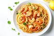 © Niken - Pasta spaghetti shrimp lemon coriander in white bowl isolated on white background close up, top view, food concept. Generative ai
