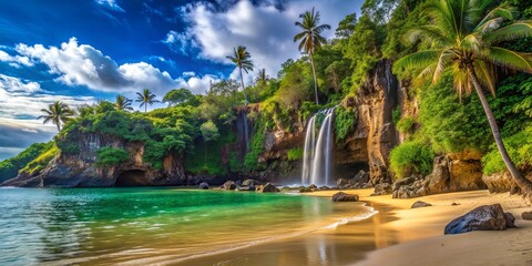 Secluded beach with a waterfall cascading down the cliffside, hidden paradise, style, Secluded, beach, waterfall, cliffside