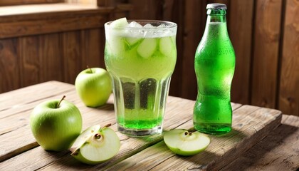 Wall Mural -  Freshly squeezed apple juice and a bottle of soda on a rustic table